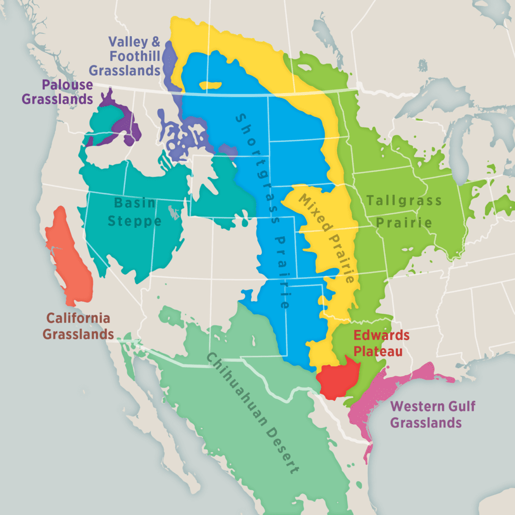 Map outlining the historical reach of the North American Prairie. From West to East: shortgrass, mixedgrass, tallgrass.