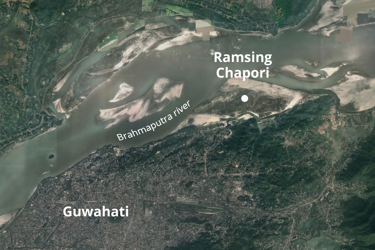 aerial view of a wide river and sandy river islands and sandbars