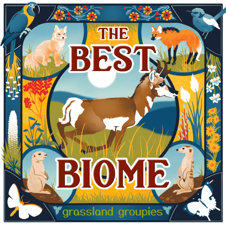 Illustrated podcast cover for the best biome, featuring a running Pronghorn and other grassland species.