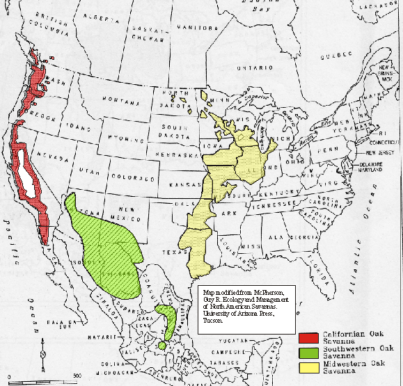 Map of the United States showing three oak savanna regions, a band along the northwest coast, an oblong region in the southwest, and a band stretching from Texas to the Great Lakes.