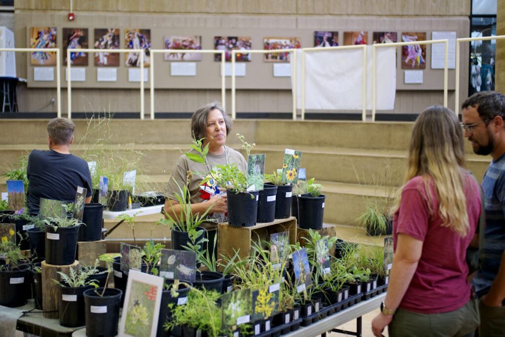 A volunteer talks to a bee fest guest from behind a table full of native plants for sale.