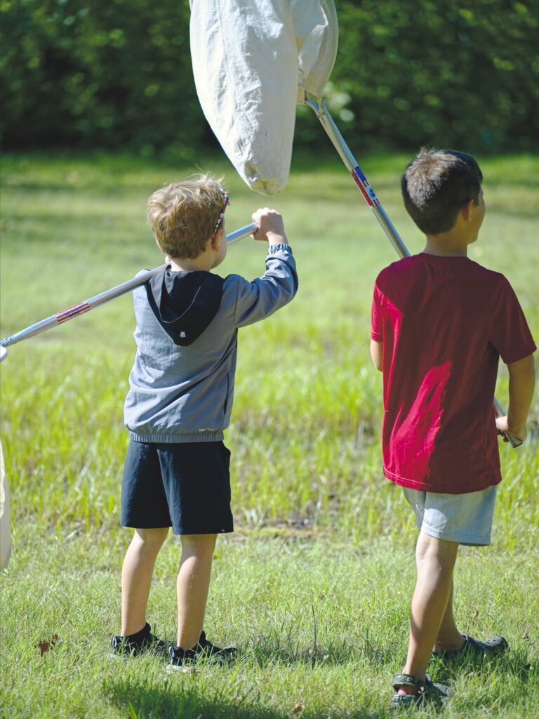 Two kids striding confidently across a green lawn, large bug nets raised and ready.