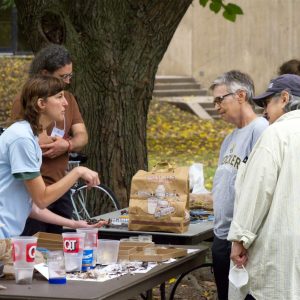 Volunteers talk with the public about seed sorting.